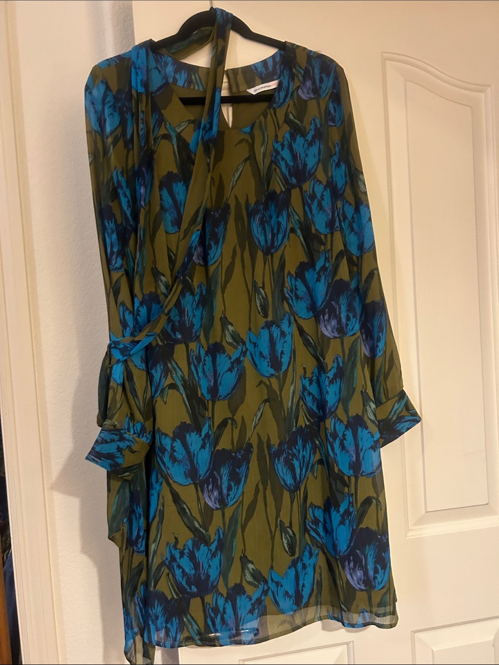 Isaac Mizrahi Olive Green Dress with Blue Floral Print and Tie Neck